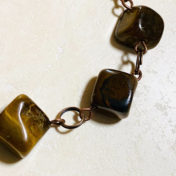 Rustic Natural Tigers Eye Necklace, Genuine Gemstone + Copper Chain - Picture 4 of 13